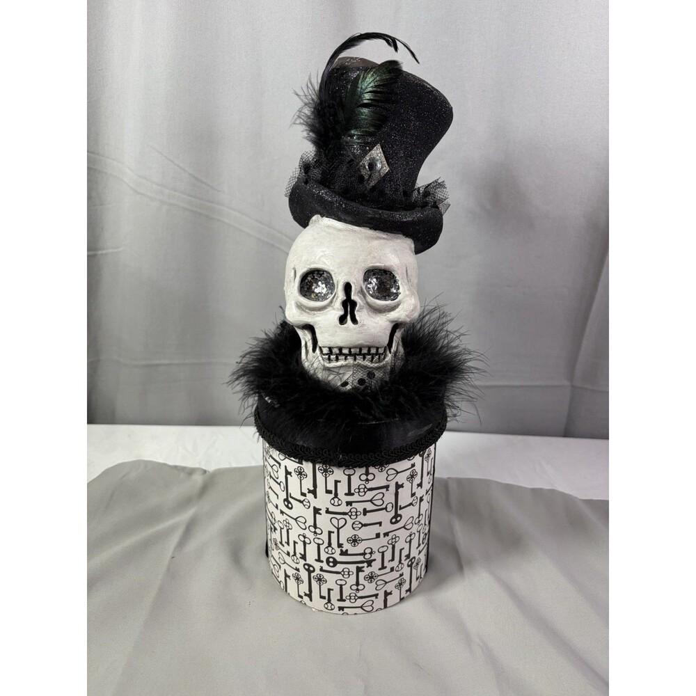 Halloween-Skull W/ Top hat on Top Cardboard Cylinder with Skeleton Keys, Heavy
